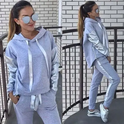 

New Fashion Women Girls Two pieces High Quality Ladies Design Long Sleeve PU Leather Hoodies Drawstring Long Pants Set Suits