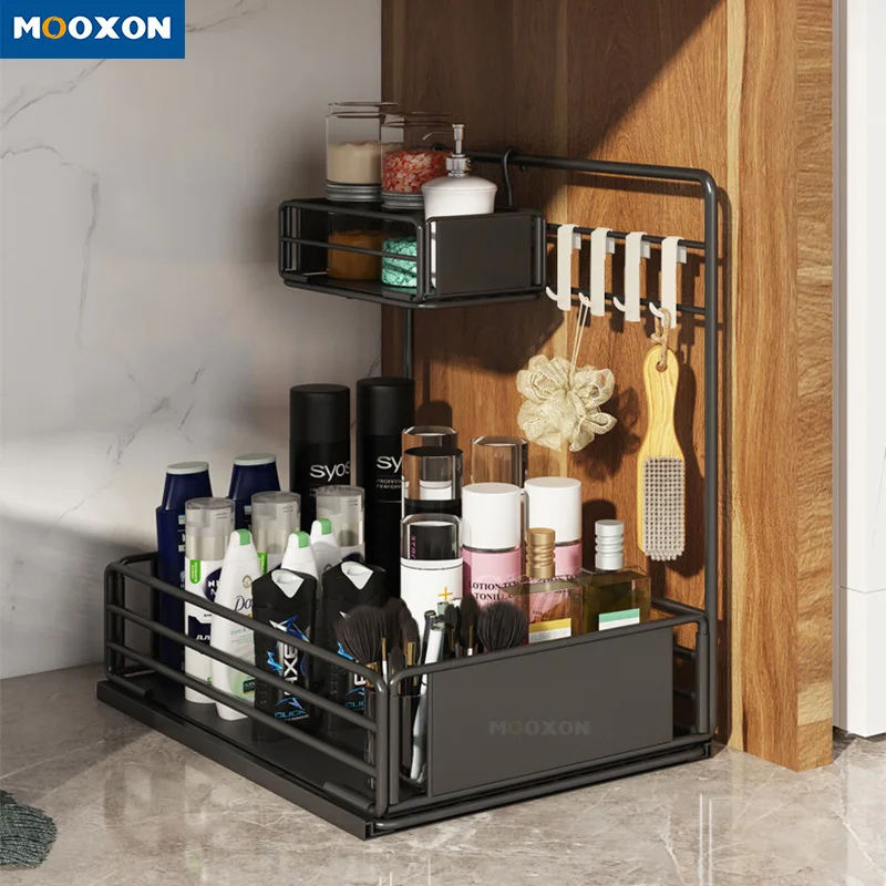 

2 Tier Under Sink Cabinet Storage Organizer with Sliding Storage Drawer, Black/ white