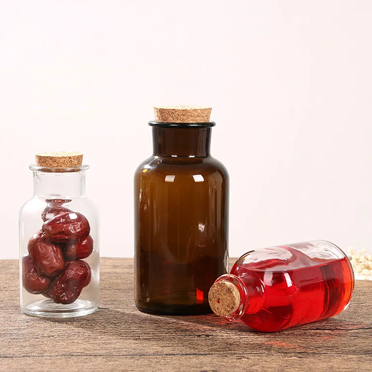 amber or clear wide mouth glass jar, apothecary jar with wooden cork