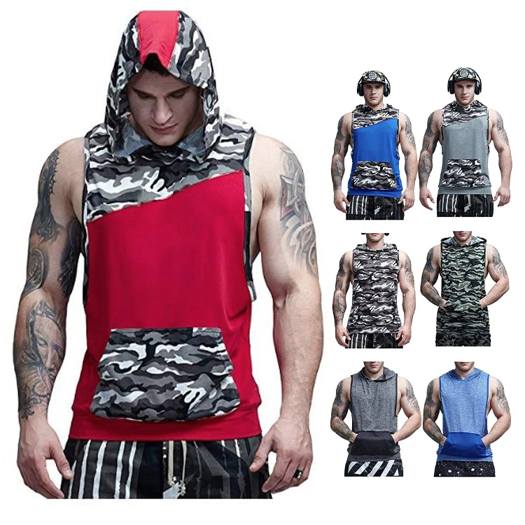 

Wholesale leisure lightweight gym mens sleeveless hoody cotton sweatshirt hoodies, Red, gray, blue, camouflage gray, camouflage green, color blue