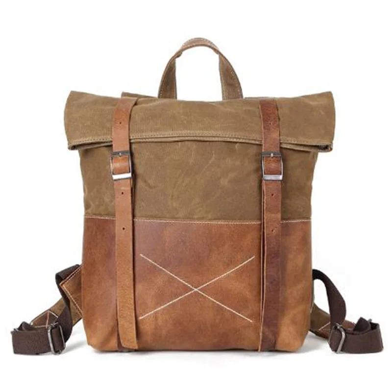 

Retro Travel High School Bookbag Rucksack Backpack Leathercraft Men's Waxed Canvas Backpack Casual Bookbag, As shown in the pictures