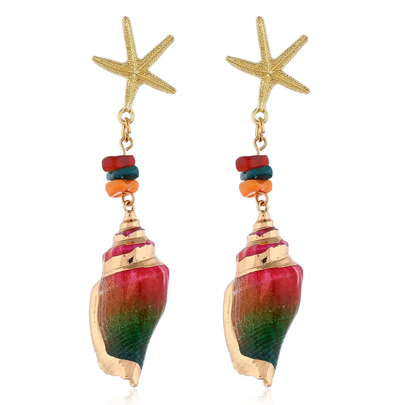 

European Beach Style Gold Starfish Earrings Colorful Sea Conch Shell Drop Earrings