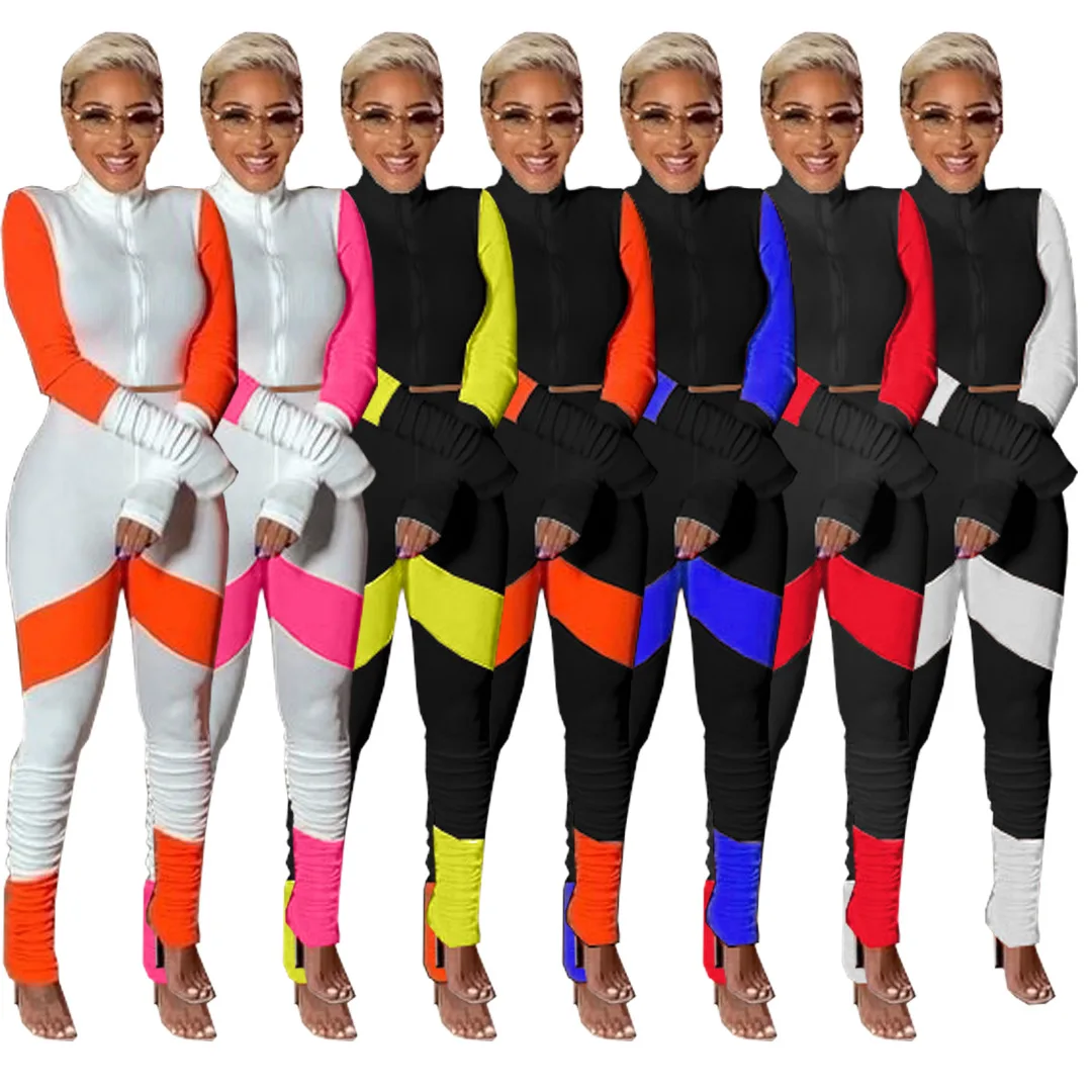 

Women's Patchwork Color knitted 2 Piece Sets Outfits Full Sleeve 2020 Fall Clothes Stacked legging Sets Tracksuit Sweatsuits