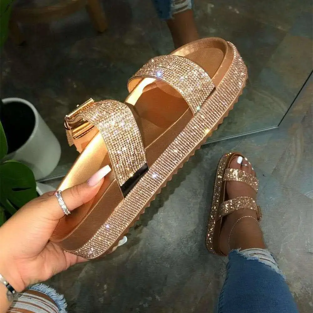 

079 New Fashion Women Summer Shoes Casual Flat Silver Shiny Comfort Sandals With Rhinestones