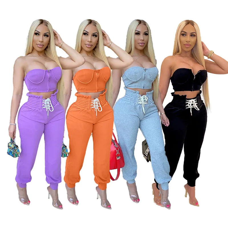 

Summer Casual Smocking Two Piece Set Strapless Crop Top And Pants 2 Piece Women Set Outfits, Grey/purple/orange/black