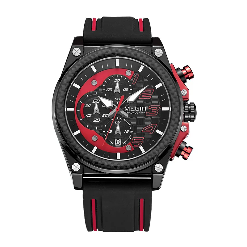 

MEGIR 2051 world men red watch activity Genuine Leather Strap Custom Logo chronometer storage sports watch supplier