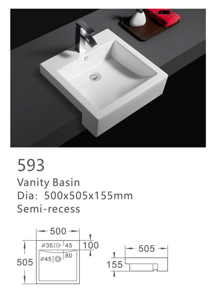593 single tap hole hotel used rectangle shape ceramic semi-recessed basin