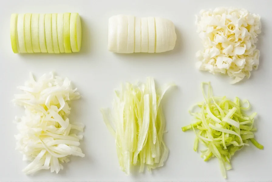 Various fennel cutting techniques showing sliced, diced, and julienned fennel arrangements