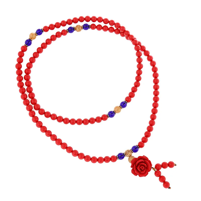 

108 Natural 6mm Red Stone Pixiu Buddha Beads Bracelet with Flower Tassel Pendant