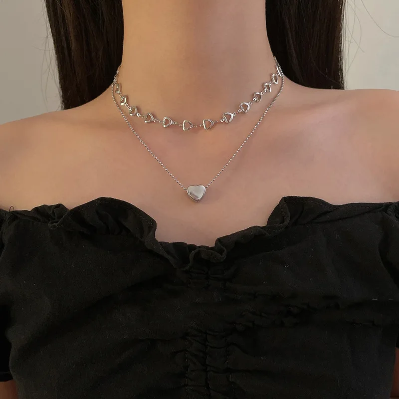 

Double Layers Heart Pendant Necklace For Women Korean Fashion Hollow Heart Chain Choker Necklace Statement Jewelry