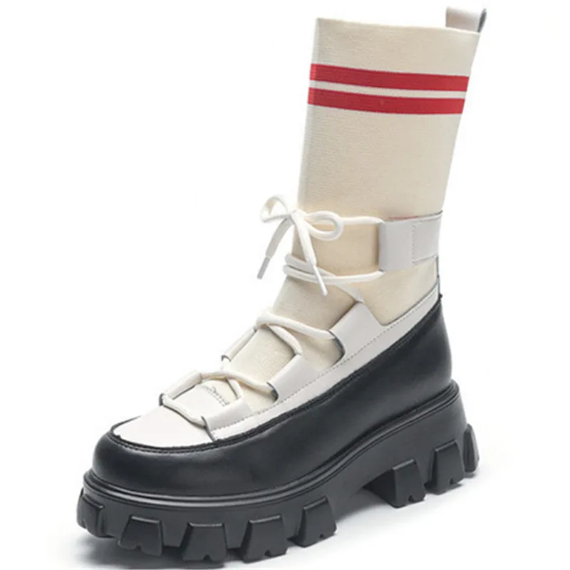

Dropshipping Custom Logo 2021 Lace-up Thin Elastic Socks Boots New Natural Leather Flat Platform Short Chelsea Boots Strapped