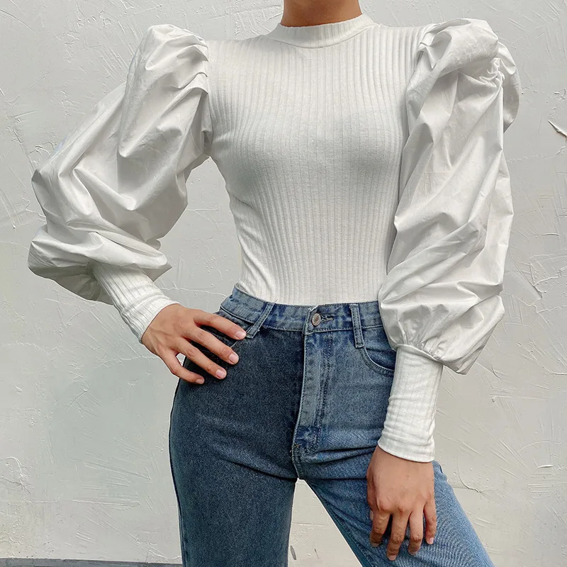 

2020 new arrivals autumn collection women new fashion bubble sleeve design contrast panel sweater pullover for ladies