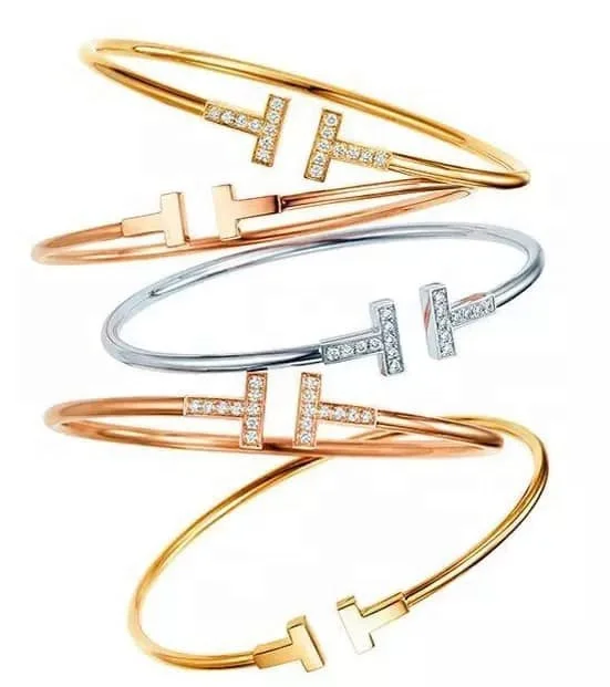 

wholesale custom stainless steel jewelry double T brand letter crystal 18k gold plated opened cuff bracelet bangle for women, All common color are available
