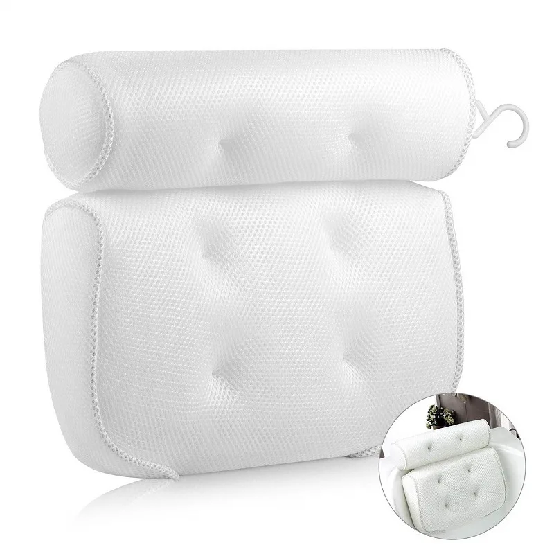 

Amazon hot sales design pillow 3D breathable mesh PVC 6 suction cup with plastic hook spa relax head waterproof soft bath pillow, White,accept custom colors