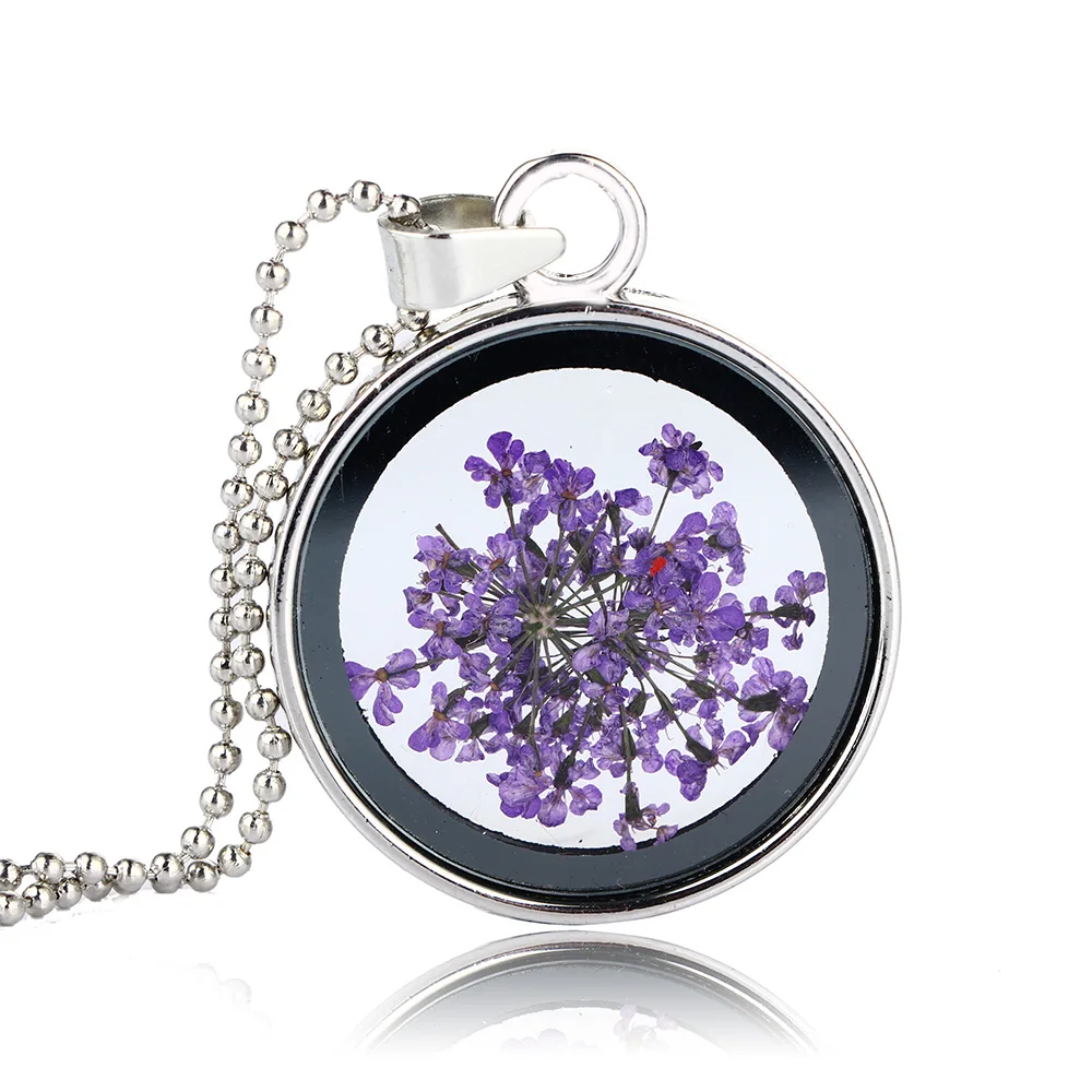 

Elegant Ladies Jewelry Necklace Silver Plated Purple Lace Flower Glass Pendant