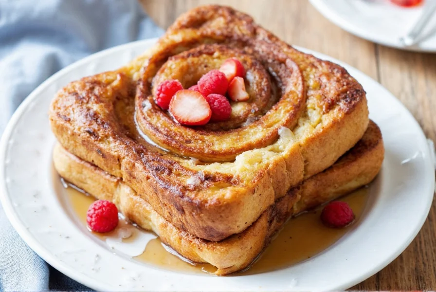 Step-by-step preparation of cinnamon bun french toast showing bread slices soaking in spiced egg mixture before cooking