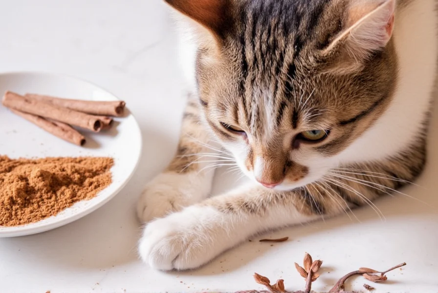 Close-up of cat sniffing cinnamon stick with concerned expression