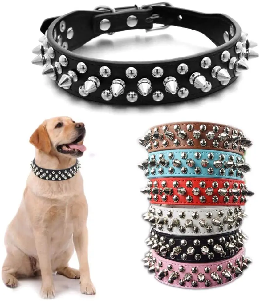 

Studded Adjustable PU Leather Dog Collars Stylish Spiked Rivet Pet Collar Neck Protection Anti-Bite Collars for Cats, Many colors in stock
