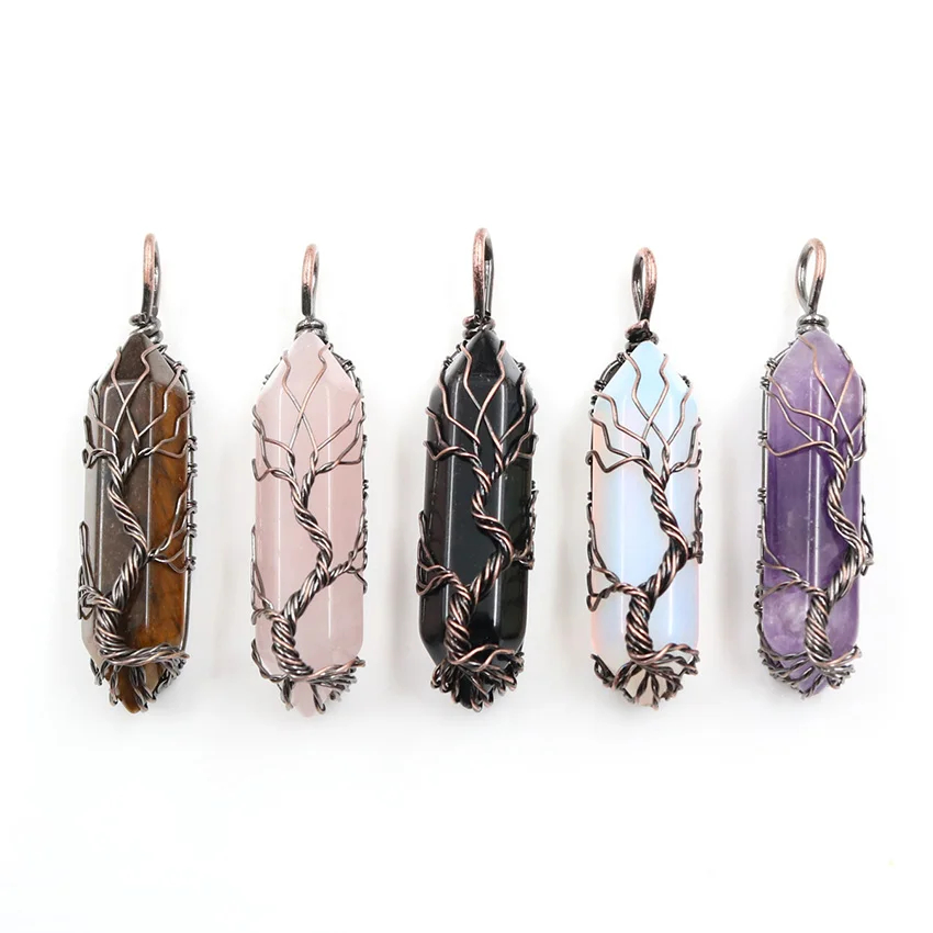 

Vintage Tree of Life Wire Wrap Natural Stone Crystal Hexagonal Prism Pendant Necklace, As the picture show