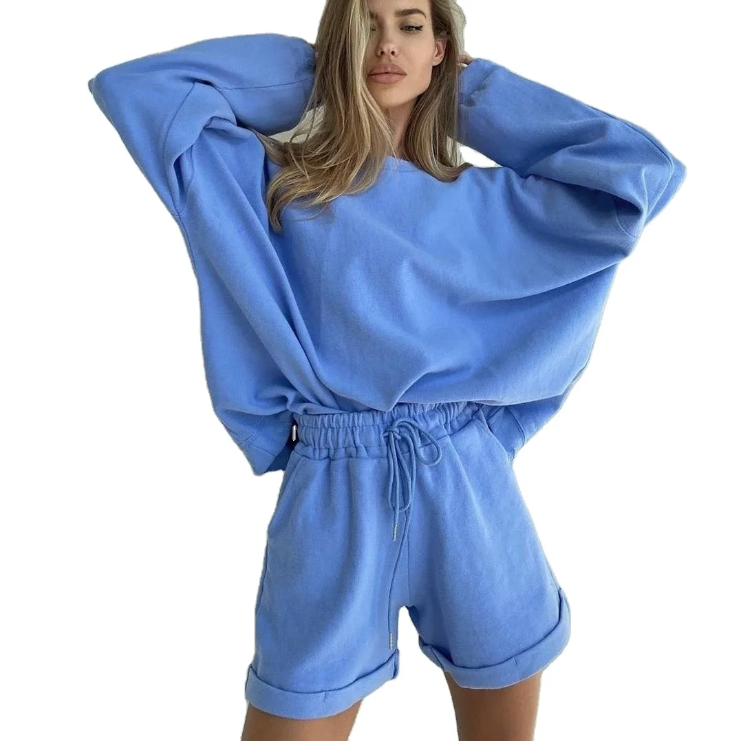 

Loose Hoodies Casual Cotton Top Two Piece Shorts Set Woman