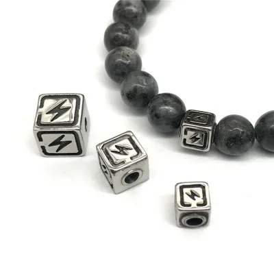 

New Arrival Silver Stainless Steel Accessaries Cube Beads Engraved Lightening Charms For men Fashion Jewelry Findings, As pictures show