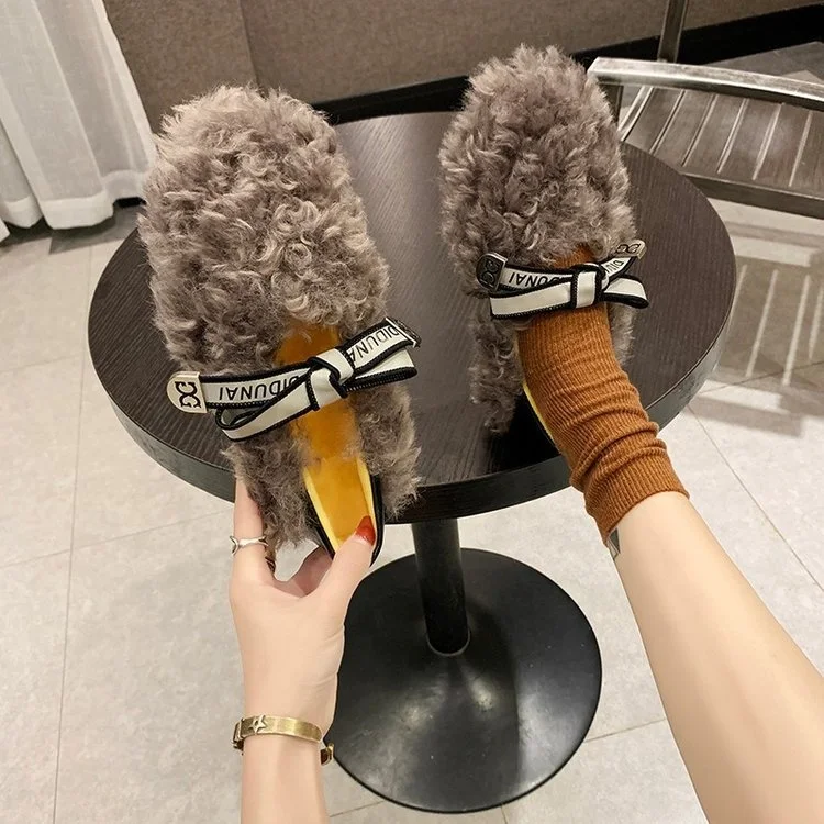 

2020 Winter Cute Women Warm Plush Fluffy Slippers Shoes Women Fuzzy Slides Footwear Fall Fashion Peas Flat Fur Shoes