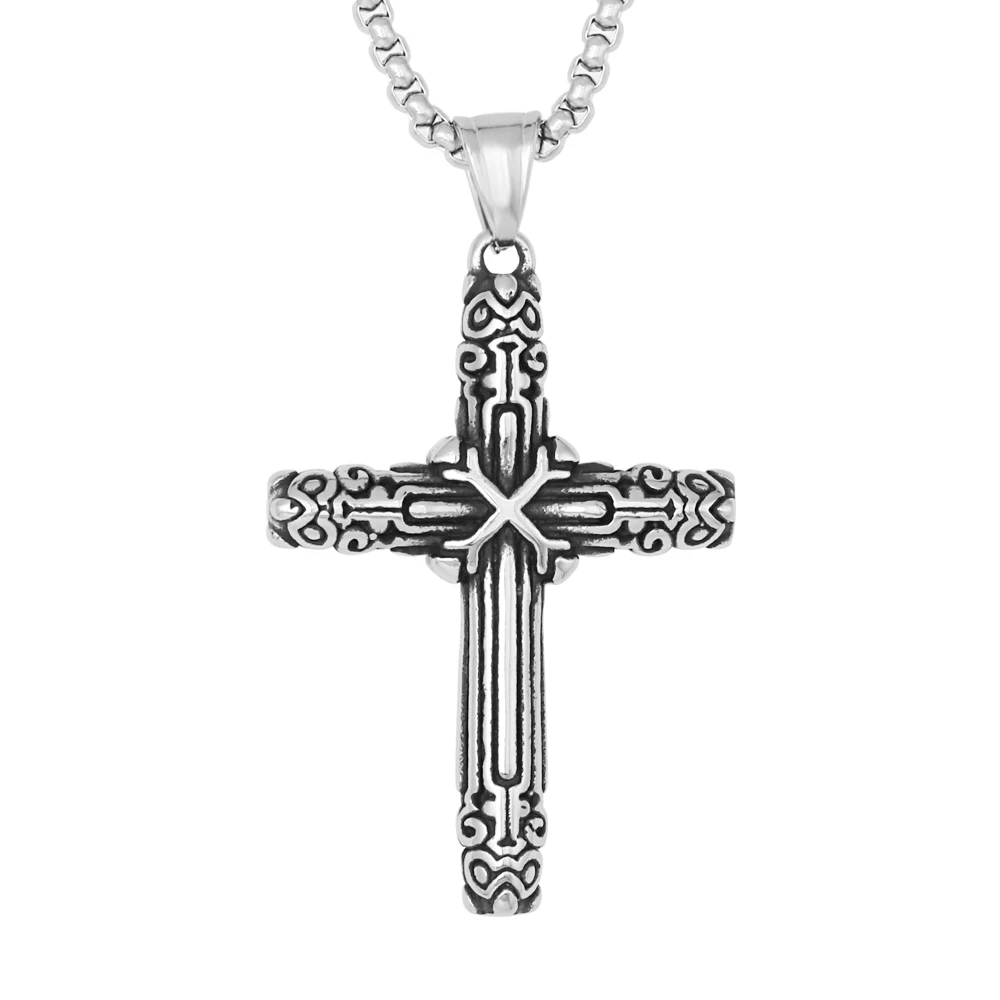 

European and American Vintage Stainless Steel Cross Pendant Necklace with 3D Effect