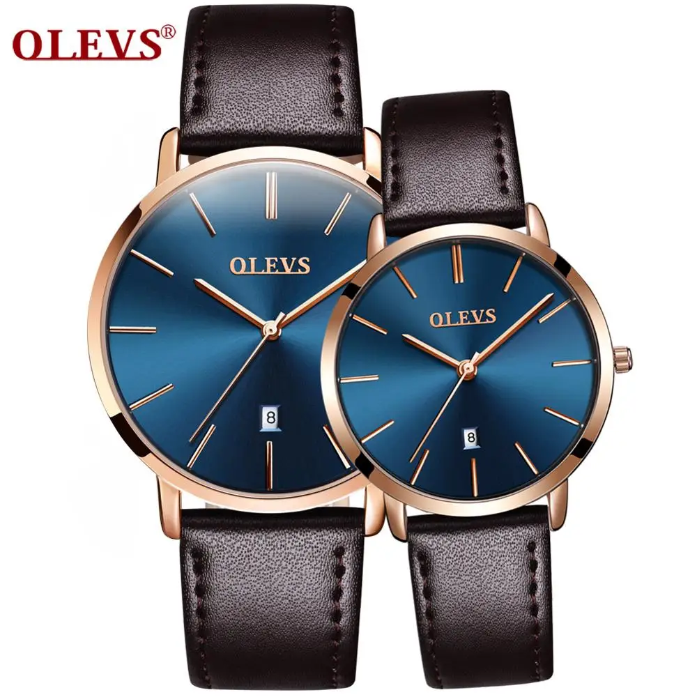 

OLEVS Couple Watch Set Japan Movement Fashion Luxury Leather Quartz Lover Gift Ultra Thin Date Watches