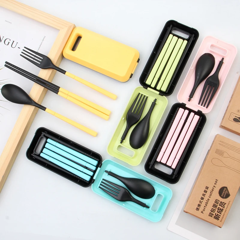 

Reusable spoon fork chopsticks collapsible flatware Outdoor Travel plastic Foldable cutlery set with case Customized logo, Pink, yellow, blue, green