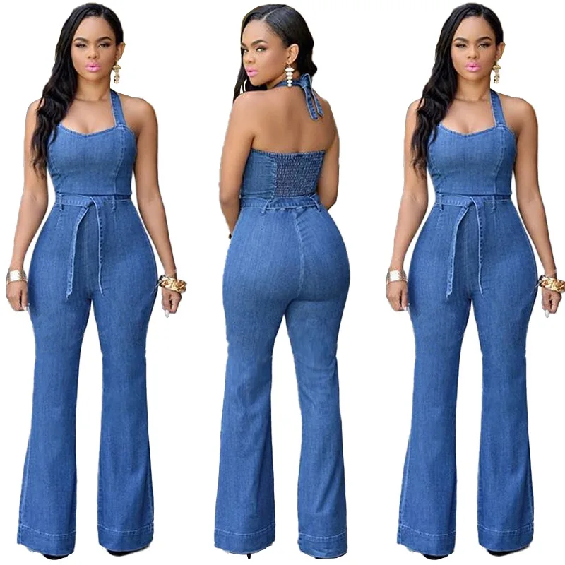 

Breathable Blue Denim Halter Lace Up Backless Casual Wide Leg Long Playsuit Women denim jumpsuit With Belt, Picture