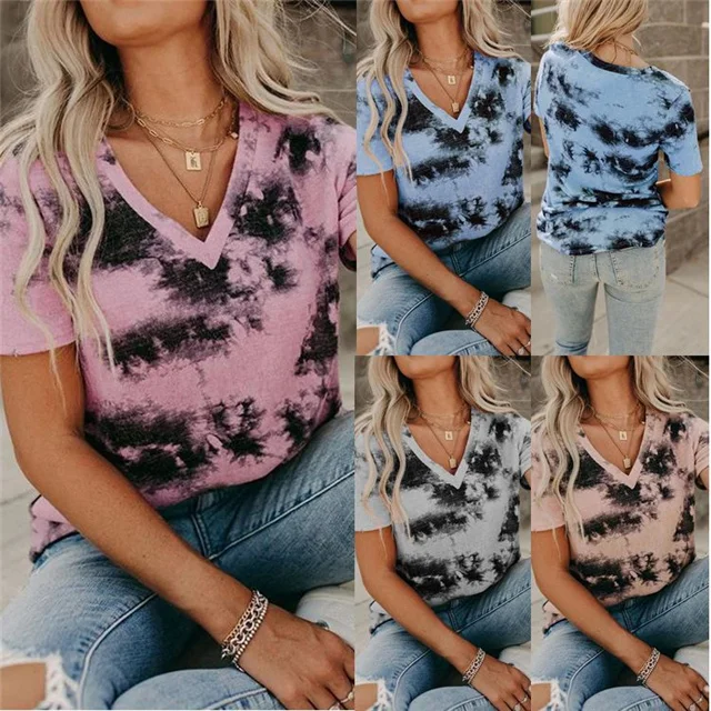 

2021 women's new trend tie-dye printing V-neck short-sleeved top, Picture color