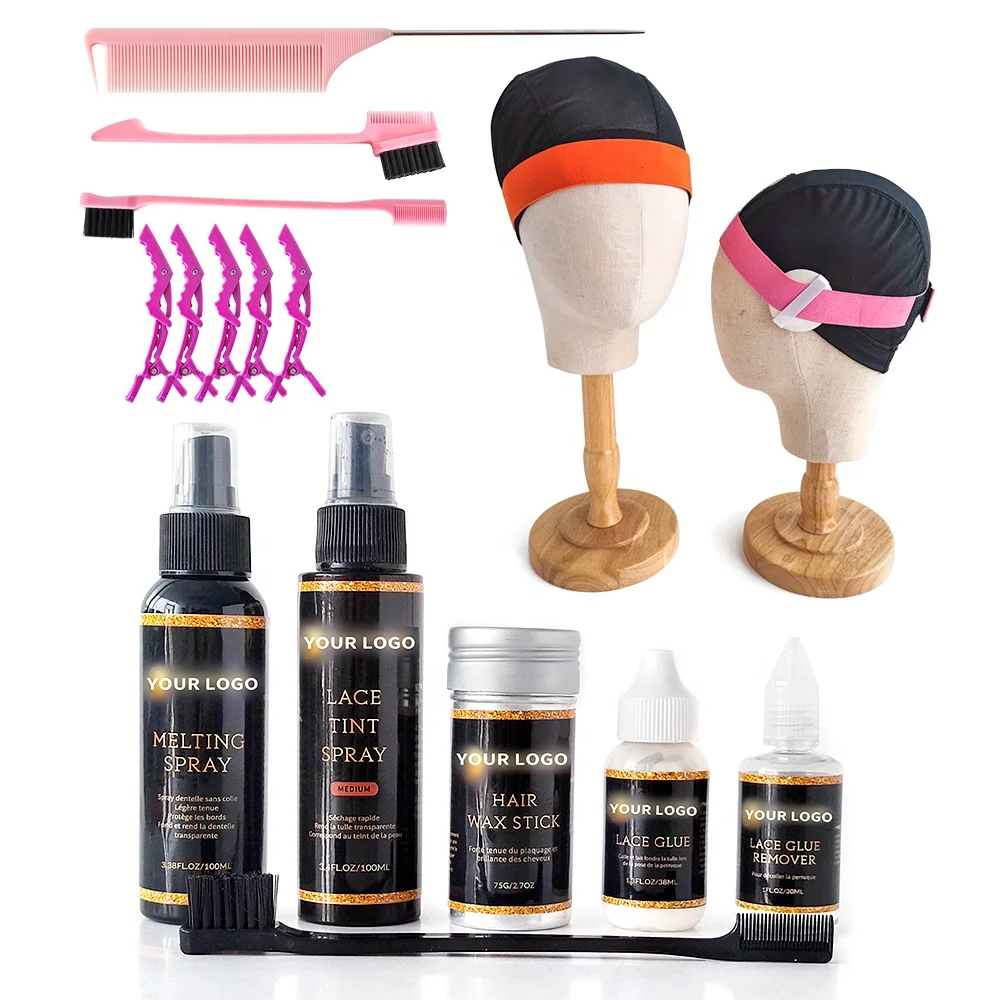 

Custom Your logo Waterproof Hair Lace Glue Melting Tint Spray Mousse Brush Hair Styling Tools Lace Wig Install Kit Packaging