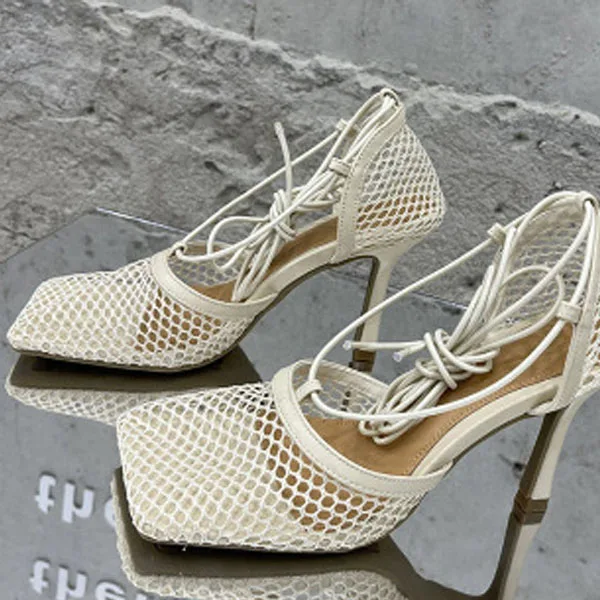 

2021 Latest Fashion Sexy Hollow Mesh Breathable Sandals Lace-Up Square Toe high heel shoes women's pumps