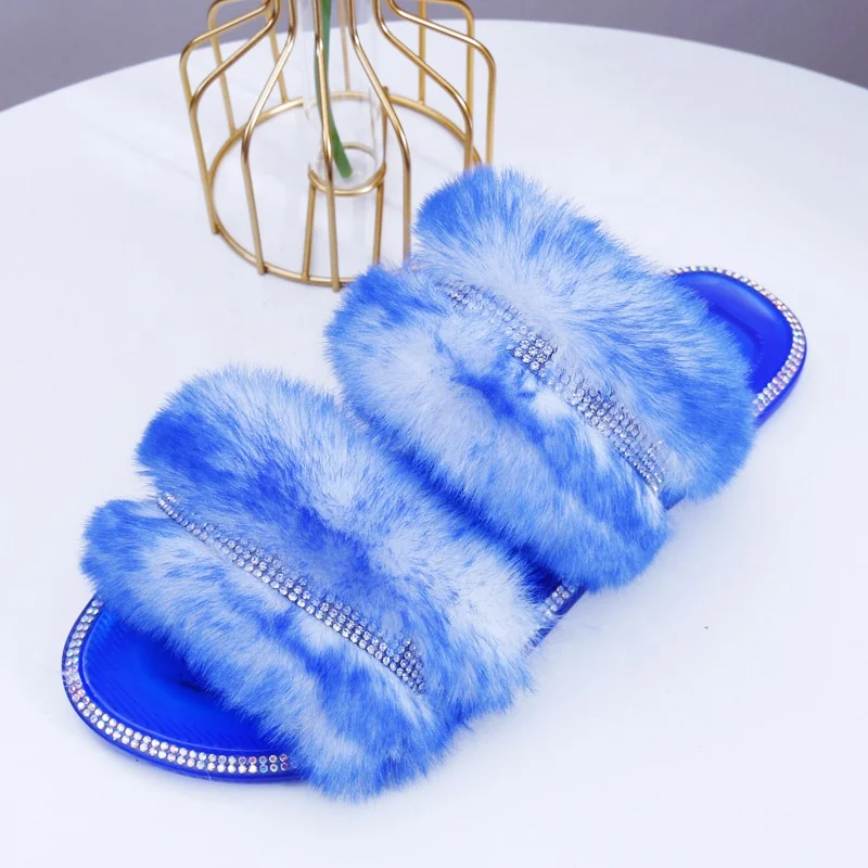 

New Arrival Jelly Women Fur Slipper with Rhinestone Plush Slides Hand-made Diamond Furry Slides For Women and Ladies