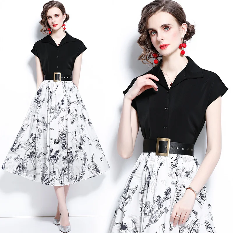 

Real shot spot fashion women sexy v neck custom shirt + printed large-length skirt suit dresses women summer arket clothing