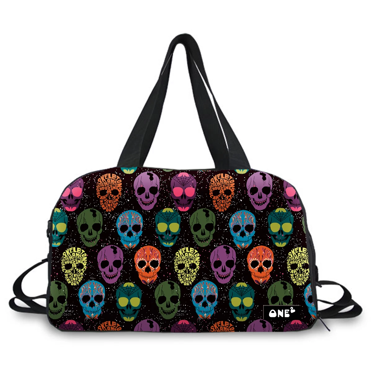 

Custom gym bag duffle skull design print large duffle bag with handle can put shoe duffle bag shoulder strap adjustable, Any color is available