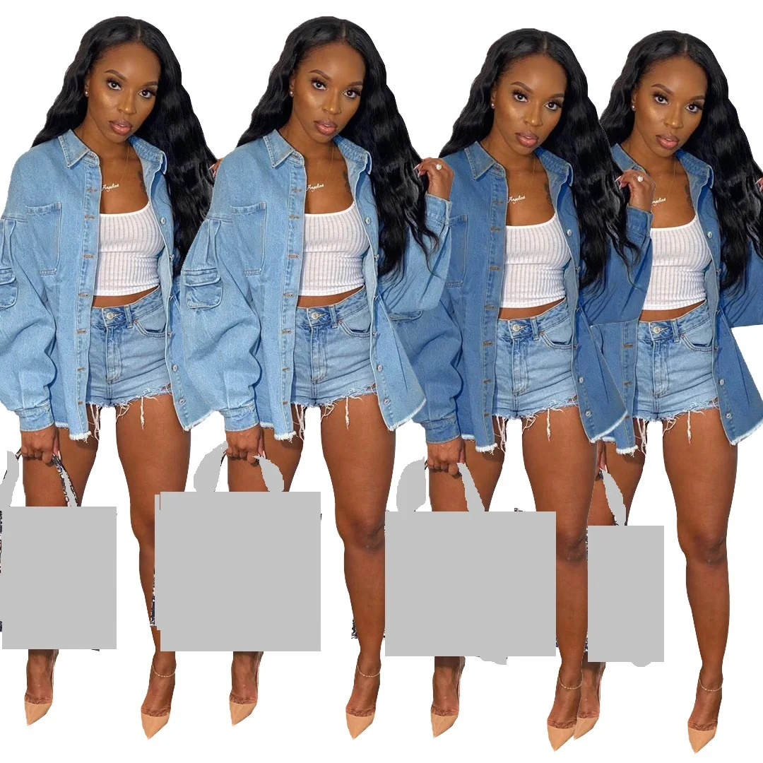 

2021 Boyfriend Style Denim Ruffles Coat Raw Edges Lantern Sleeves Cotton Blue Demin Jean Jacket Woman