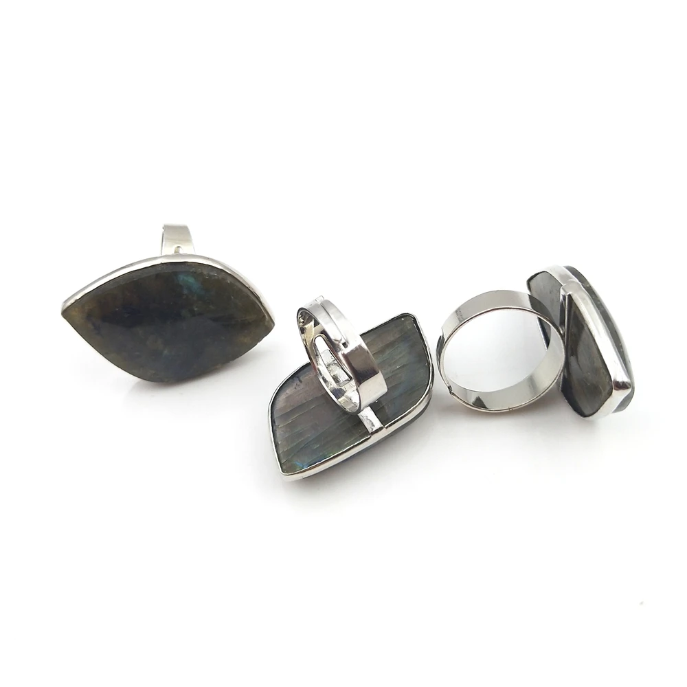 

Hot Sale Natural High Quality Labradorite gemstone Healing Energy Leaf shape Stones silver bezel  open ring For Gift, Multi