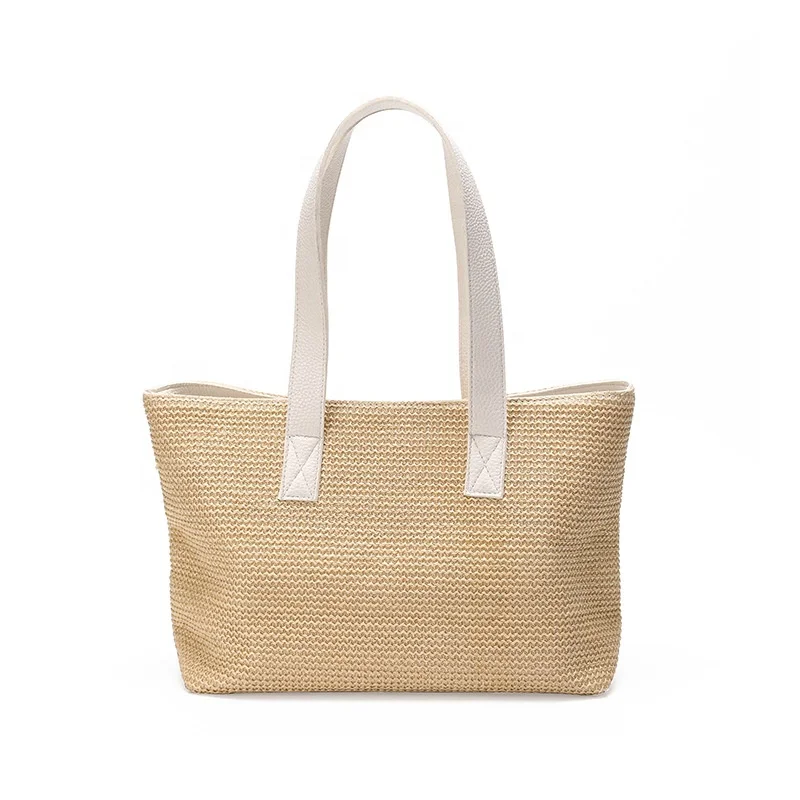 

women summer beach handbag straw tote bag with pu strap and bottom