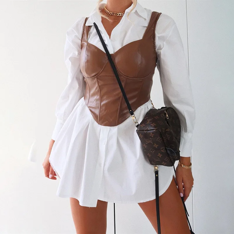 

Wholesale new fashion women's tank tops sexy pu leather versatile slim cut short halter, Photo shows