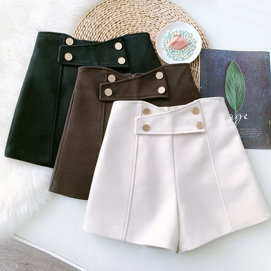 

B54074A Winter fashion women shorts casual high waist double-breasted elegant shorts, Black/apricot/coffee