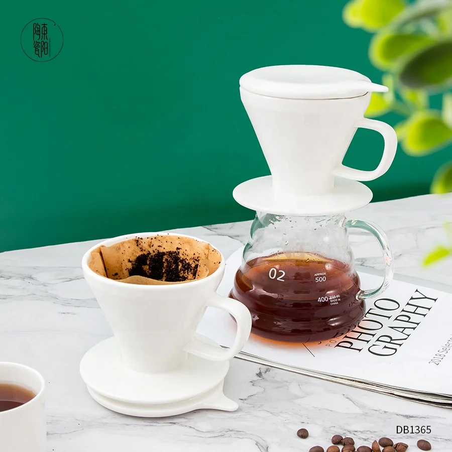 

White medium coffee dripper custom logo cones extra wide ceramic drip with lid pour over brewing v60 coffee filters
