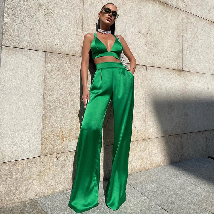 

Fashion Design 2022 Clothing Blue Cropped Tank Top Satin Sexy 2 Piece Set Women High Waist Wide Leg Pants Two Piece Set
