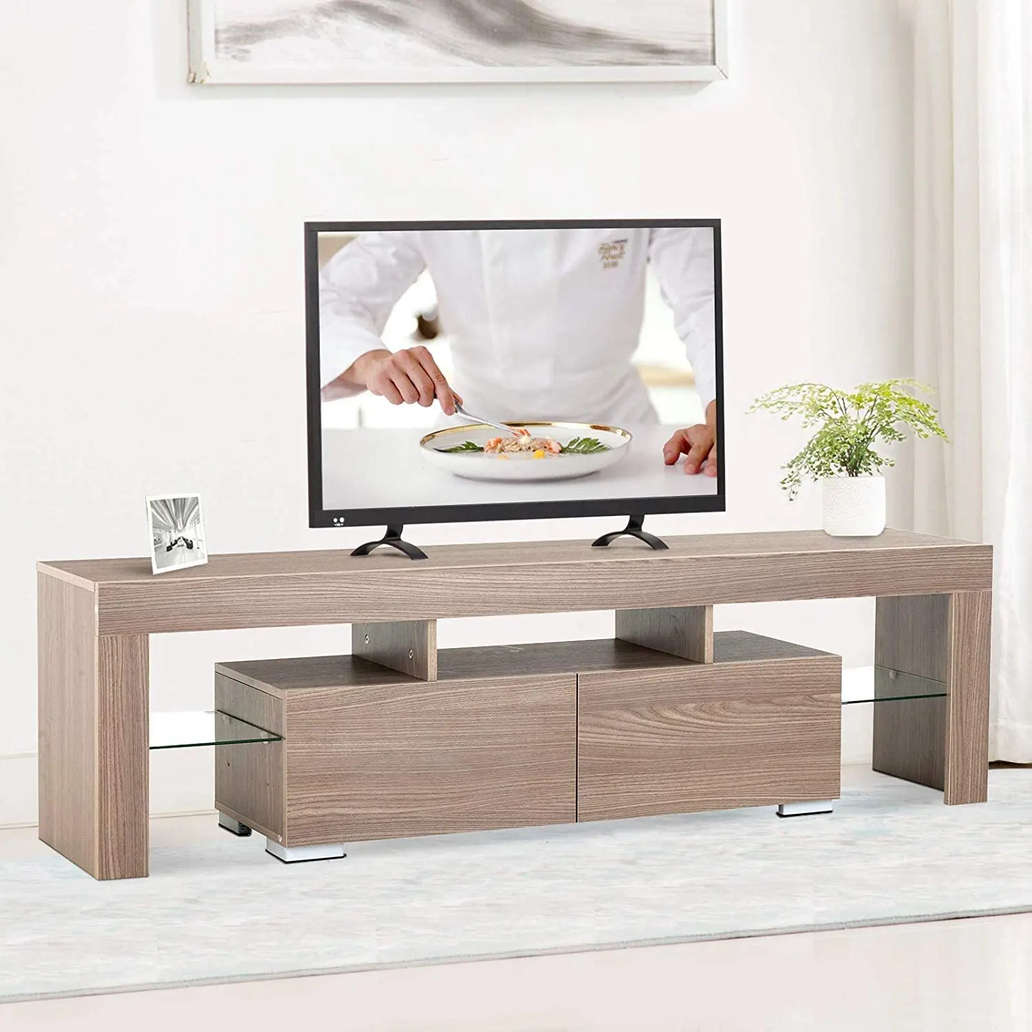 Moderno Soporte De Tv Con Led Luces Con 2 Cajones Y Estantes Tv Consola