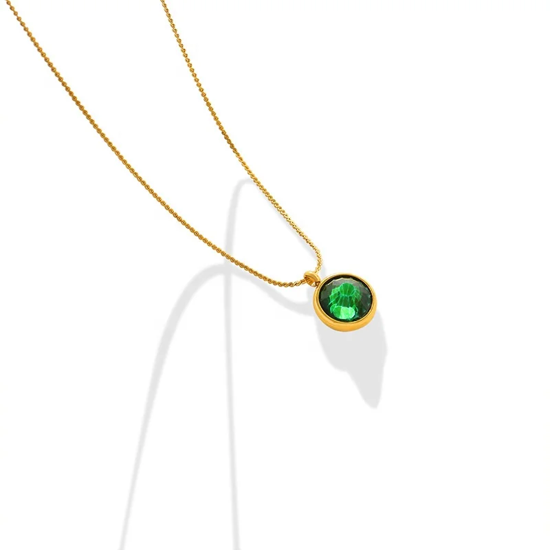

Elegant Fashion Charm Jewelry Stainless Steel Round Green Zircon Pendant Gold Plated Women minimalist Necklace