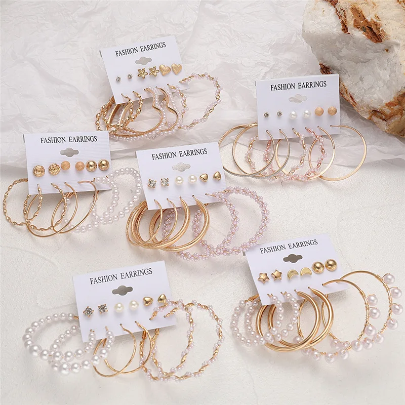 

6pcs/Set Circle Earring Sets Heart Butterfly Metal Chain Women Jewelry Fashion Hoop Earrings Set, Photo