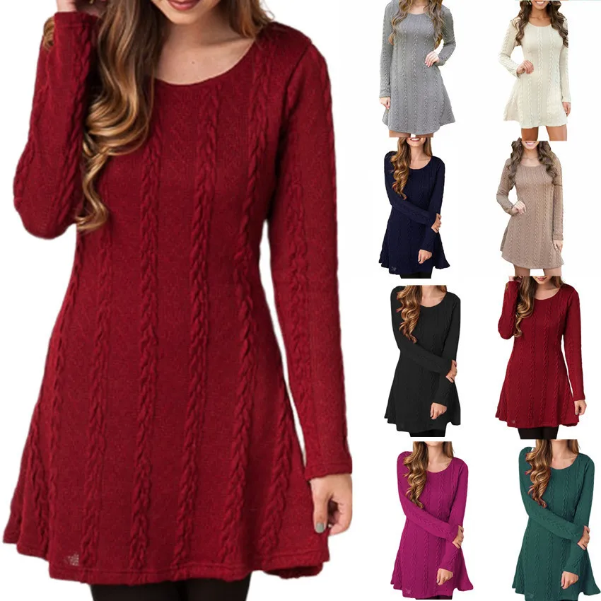 

wholesale solid color women casual vestidos long sweater dress plus size loose knitted sweater for ladies Multiple Color, Orange , black , wine red , blue , army green