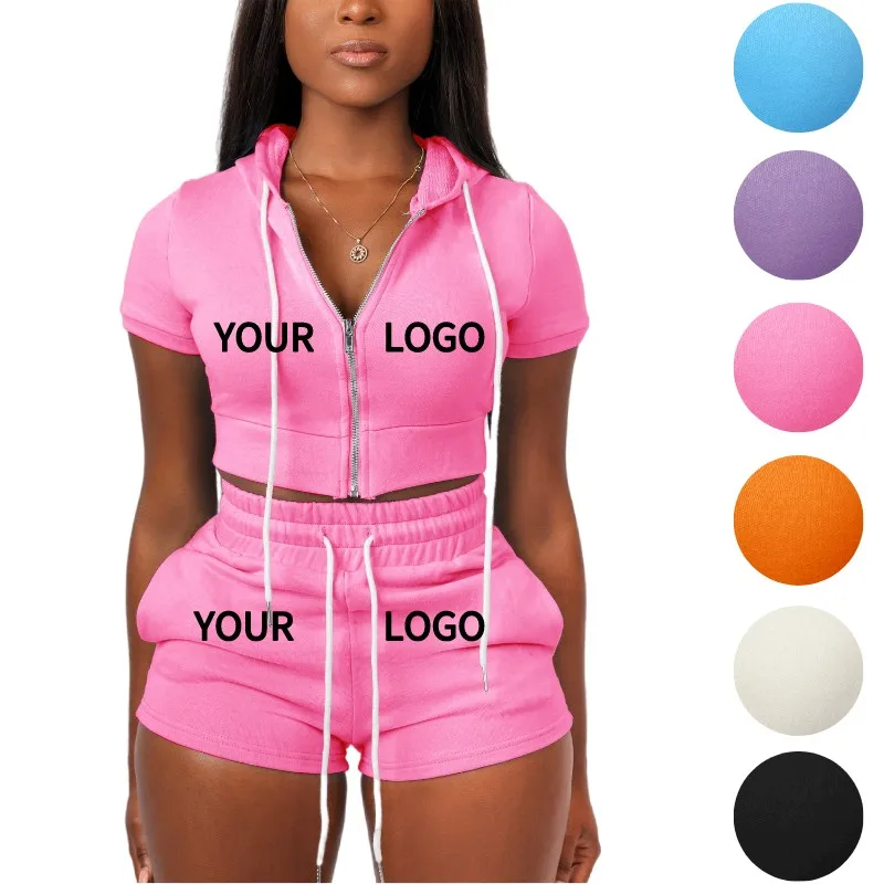 

Trending Products 2022 New Arrivals Custom Two Piece Set Women Hoodie Short Set Women Zip Up Hoodie Suit, As picture