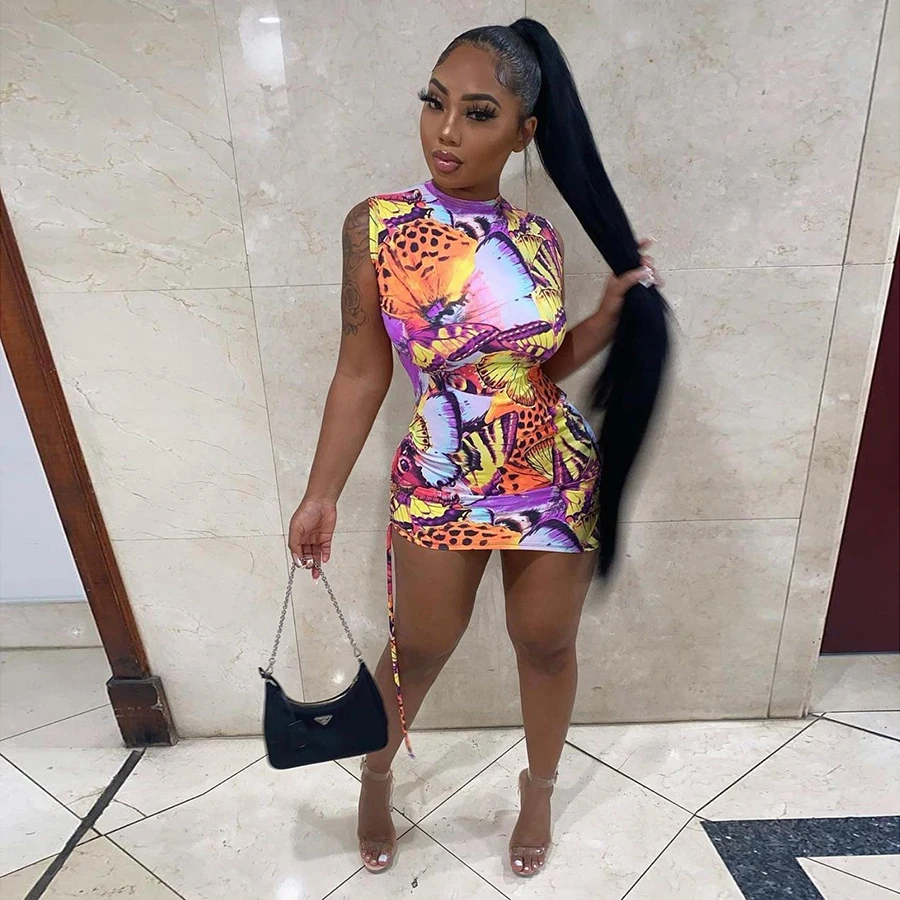 

Peeqi Casual summer backless sleeveless mini Colorful Butterfly dres fancy sexy bodycon tank dress girl women