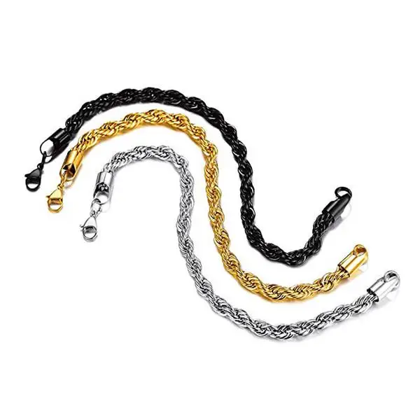 

Olivia twist rope chain bracelet 6mm thick mens twisted braided chain hiphop 18cm long 316L stainless steel 18k gold plated